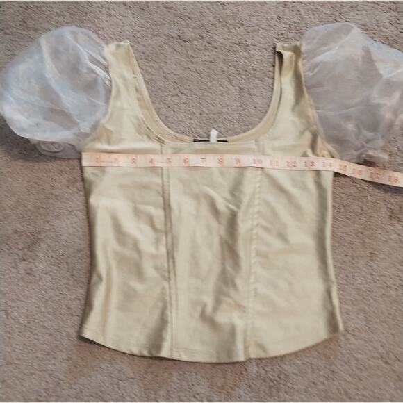 One by One Sheer Bouffant Puff Sleeve Cropped Pullover Top Gold Size L - Picture 5 of 5